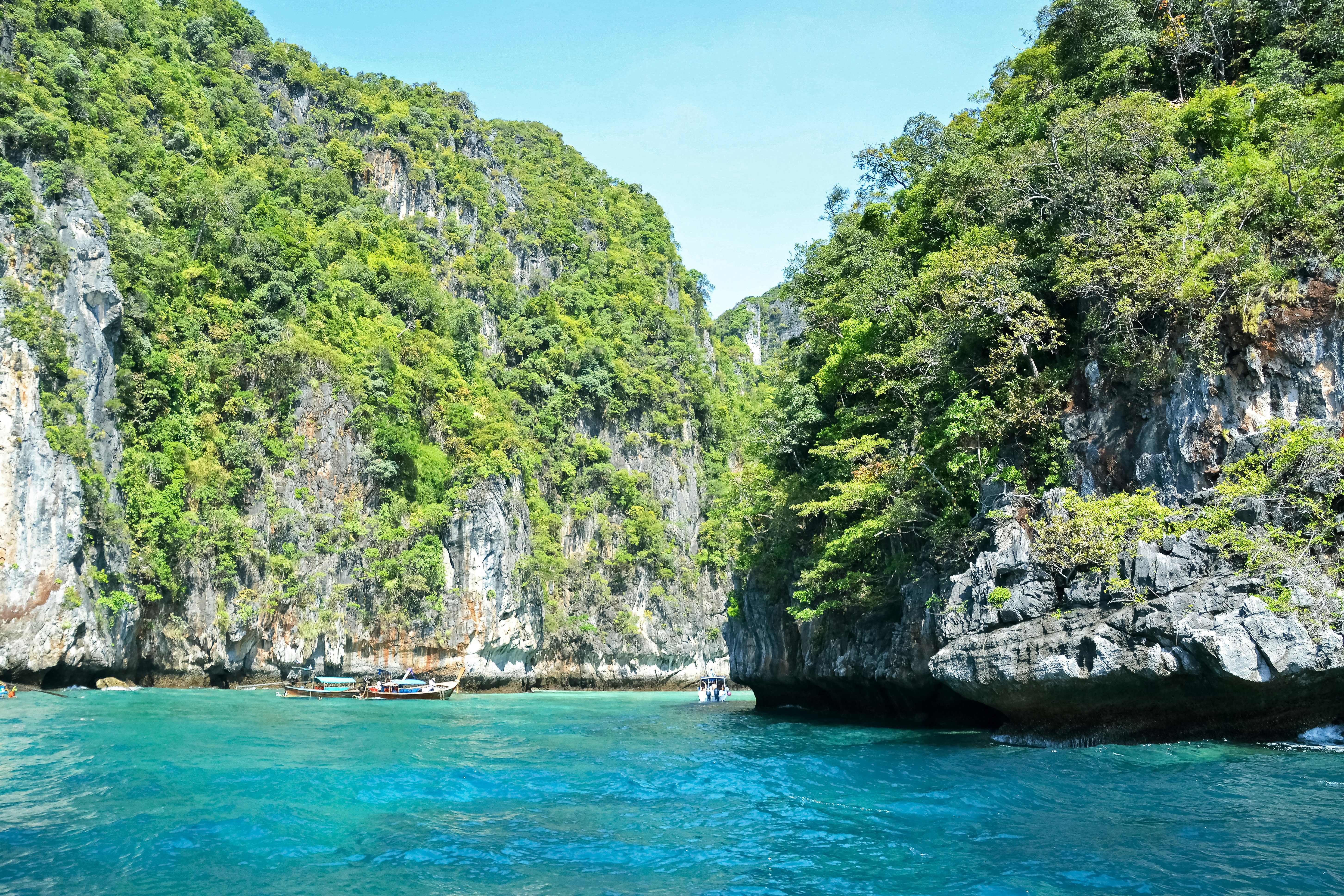 green and gray rock formation beside body of water during daytime